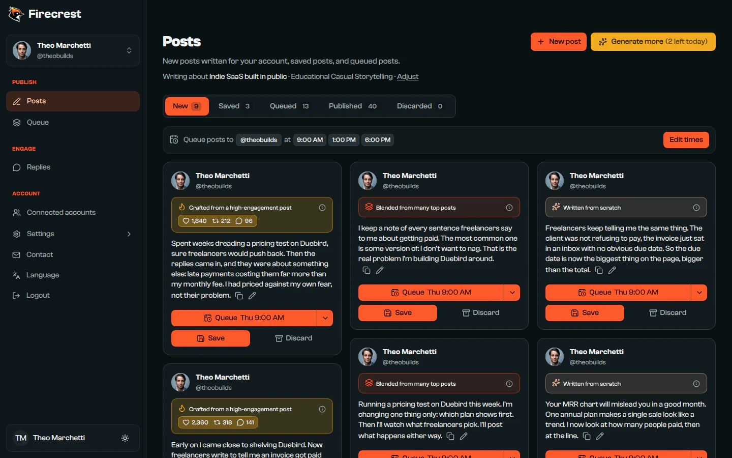 The Posts page with new posts for Theo Marchetti's account. The first was crafted from a high-engagement post and shows that post's engagement.