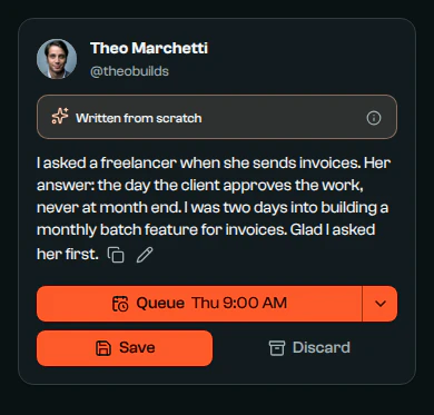 A post written from scratch, about a freelancer who sends invoices the day the client approves the work.