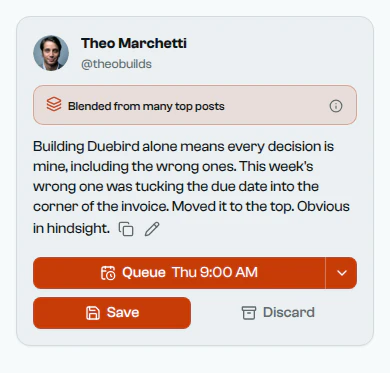 A post blended from many top posts, about moving the due date on Duebird's invoices from the corner to the top.