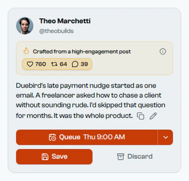 A post crafted from a high-engagement post, with that post's engagement shown, about how Duebird's late payment nudge started.