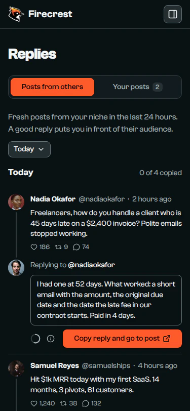A post from @nadiaokafor about a client 45 days late on a $2,400 invoice, with a reply written underneath and ready to copy.