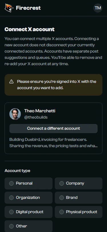The connected X account @theobuilds, with its avatar, name and bio.