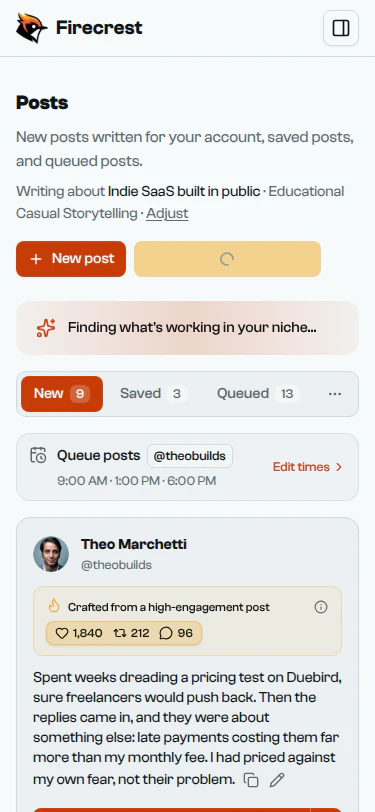 The Posts page mid-run: a spinner on the Generate button and a banner reading "Finding what's working in your niche".